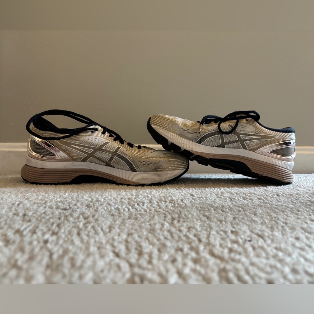 Size 9 ASICS White and Rose Gold Gently Used running shoes / sneakers